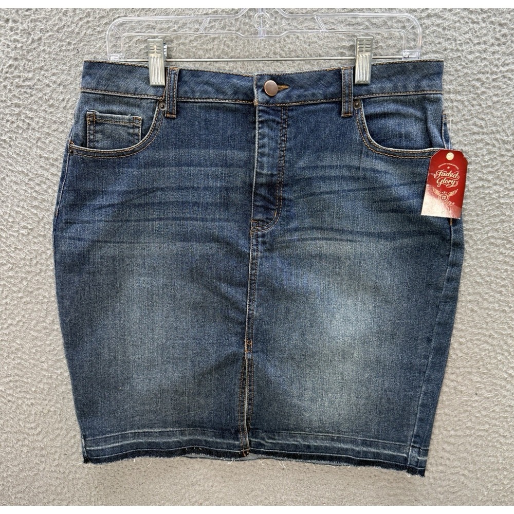 Faded Glory Skirt Womens 10 Blue Denim Pencil Knee Length Stretch Distressed NEW